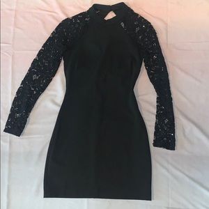 Black Lace and Sequin Sleeved Dress